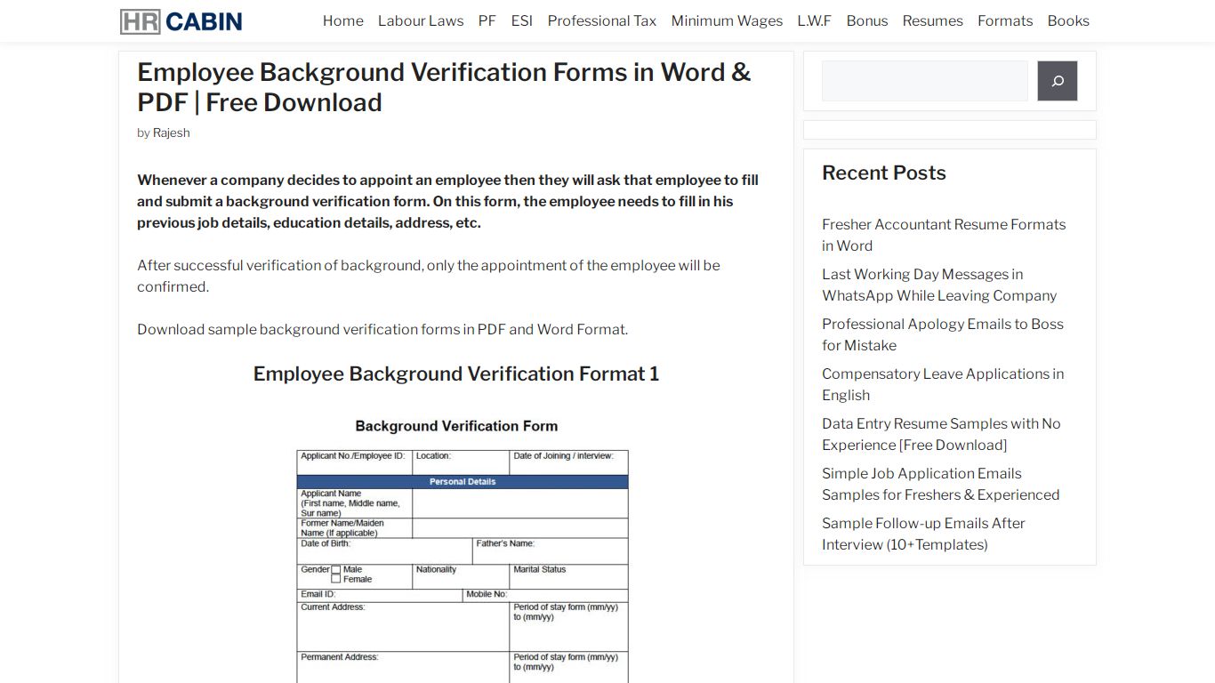 Employee Background Verification Forms in Word & PDF | Free Download